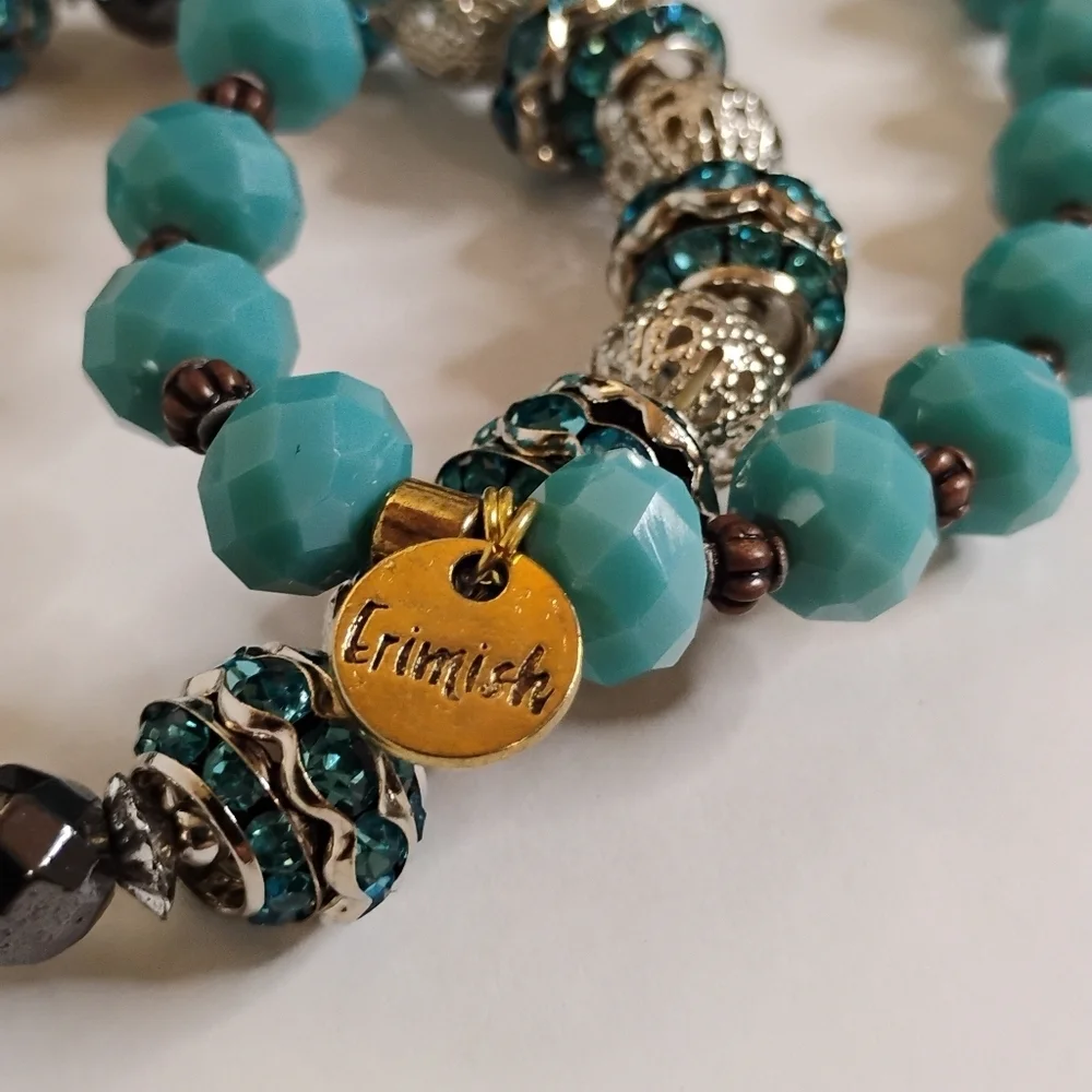Signed Erimish Turquoise and Silver Tone Crystal Stretch Stackable‎ Bracelet Set